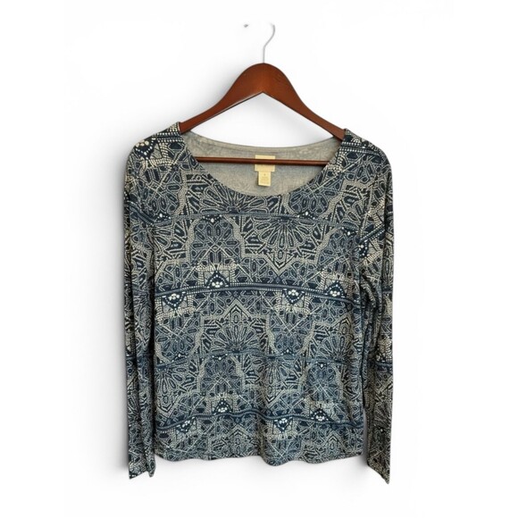 Chico's Tops - Chico’s Blue Geometric Kaleidoscope Print Mesh Lined Top Size 1 Long Sleeve